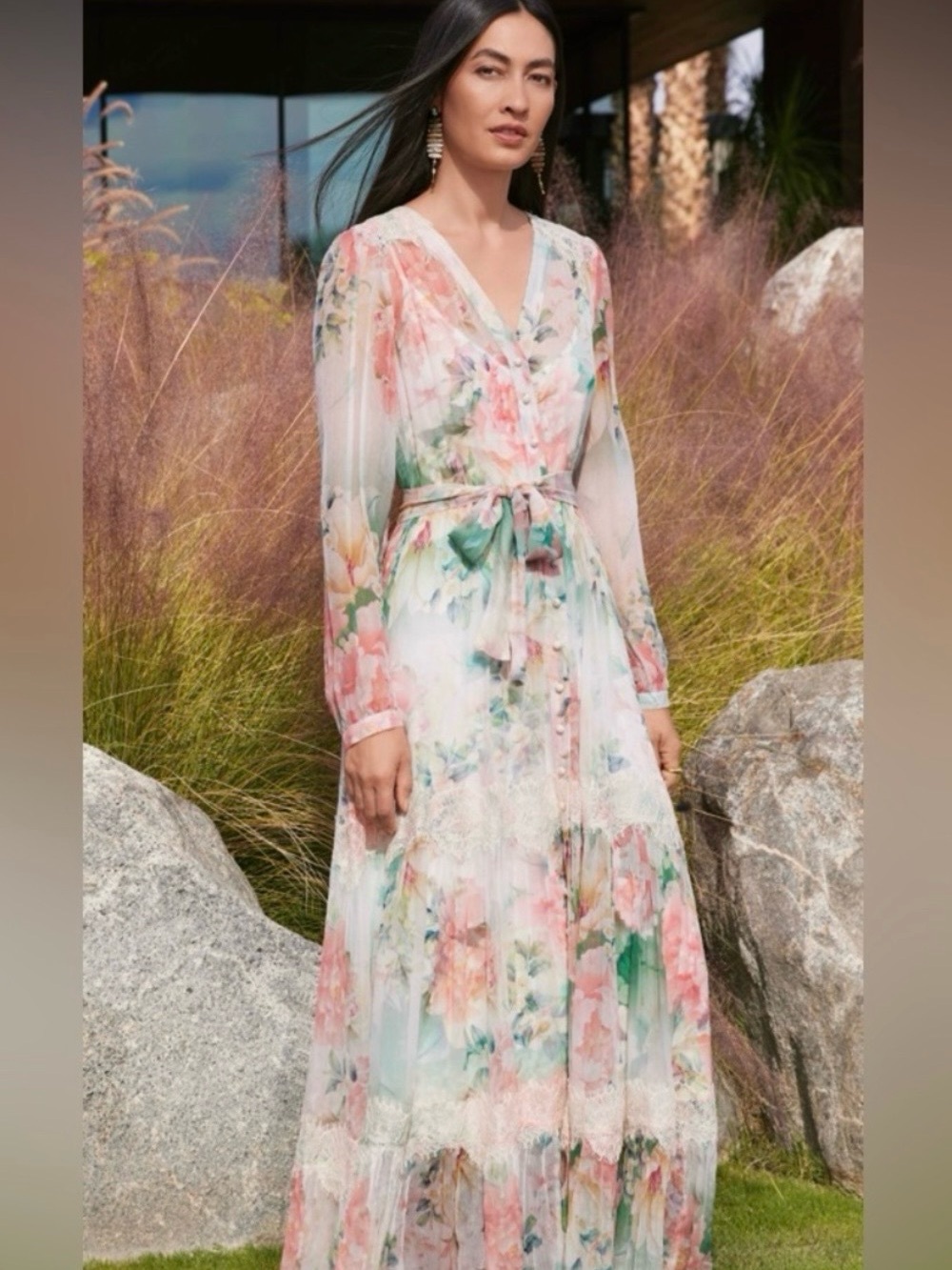 Johnny Was Ruksana Silk Maxi Dress XSmall Boho Chic Lace Floral